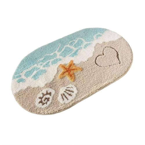 Strand-Badezimmerteppich, Küstenmuschel-Badematte, Sommerstrand-Stil, rutschfeste Teppiche mit Muschel- und Wellen-Design, ultraweiches Polyester für Badezimmer und Dusche (40 x 60 cm)