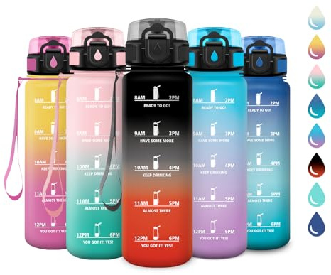 Trinkflasche 500ml, Sport Wasserflasche mit Filter, Motivierende Trinkflasche mit Zeitmarkierung, Kohlensäure Geeignet, Auslaufsicher Sportflasche für Laufen, Wandern, Reisen, Radfahren,Yoga