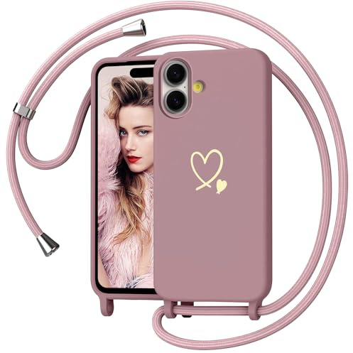 Yichxu Handyband für iPhone 17 Hülle mit Band, Herz Design Necklace Handyhülle zum Umhängen Kordel, Stoßfest Schutzhülle mit Kette, Weich TPU Liquid Silikon Case für iPhone 17, Rosa