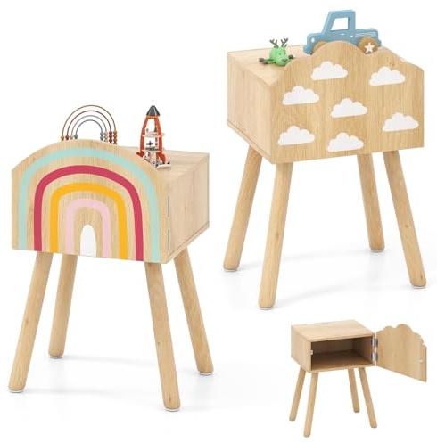 KOMFOTTEU 2er Set Nachttische für Kinder, Nachtschrank Kinder mit Massivholzbeinen, Beistelltisch mit Kippschutz, Nachtkommode mit Regenbogen- und Wolkenmuster, 34 x 30 x 54 cm