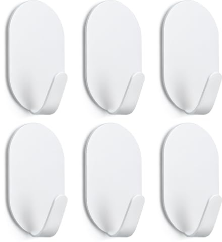 Menylon White Stick on Hooks,6 Pack Stainless Steel Self Adhesive Without Nails,Sticky and Extra Strong Wall Hooks for Kitchen Bathroom Door Hanging Hat Coat Clothes Towel Keys