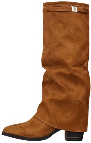 Meaunzyl Stivali Donna Con Tacco, Texani Cowboy Stivaletti Alti, Stivali Al Ginocchio Donna, Stivaletti Con Tacco Punta, Stivaletto Scamosciati Wide Fit Con Plateau, Fold Over Boots Marroni Invernali