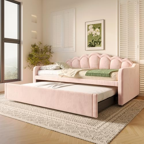 Merax Tagesbett 90×200 cm (ausziehbar auf 180×200 cm) Schlafsofa mit farbwechselndem LED-Streifen, Praktisches Ausziehbett, Bettrahmen mit Lattenrost (ohne Matratze), Samt, Rosa