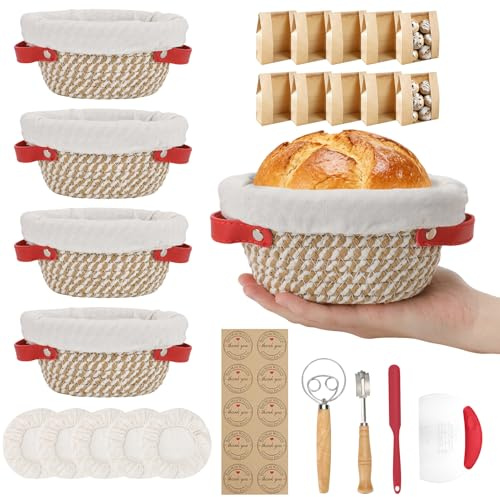 Gärkörbchen Ovalen aus 5 Stück, 6,5 Zoll Kleine Körbe, Mini Brot Backen mit Gärkörbchen Set, Zubehör für Brotbacken, 10 Brottüten, Baumwollseil Gärkörbe für Teigaufgehung, Backzubehör für Brot