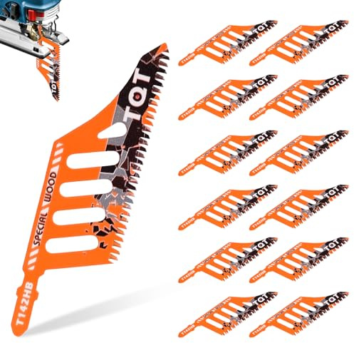 12 Stück Stichsägeblatt Profi Sägeblätter für Kork, Sperrholz, Faserplatte Stichsäge T Schaft Holz Laubsägeblätter Kompatibel mit Dewalt、Bosch 11 TPI(Gedrucktes Design)