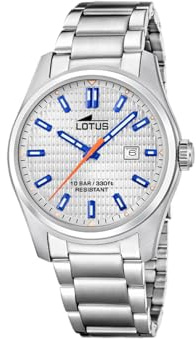 Lotus Herrenuhr Analog aus Edelstahl 316L | Quarzuhr, Kalender, Widerstandsfähiges Mineralglas, Wasserdicht 10 ATM, 19060/3, Classic Steel
