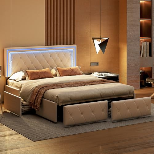 Lit Double 160x200 avec Sommier et LED, Cadre de Lit Rembourré en PU avec 4 Tiroirs de Rangement, Tête de Lit Réglable en Hauteur, Contrôle par App/Musique, Design Moderne, Blanc