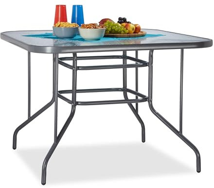 Relaxdays Tavolo da Giardino in Vetro STRUK, Superficie in Vetro, Tavolo da Pranzo Grande per Terrazza, Quadrato, circa 70 x 100 x 100 cm, Antracite