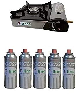 Réchaud de table type bistro, puissance 2200 W, avec allumage piézo électrique, fonctionnement avec double alimentation (cartouche gaz ou bouteille), 5 cartouches à gaz incluses.