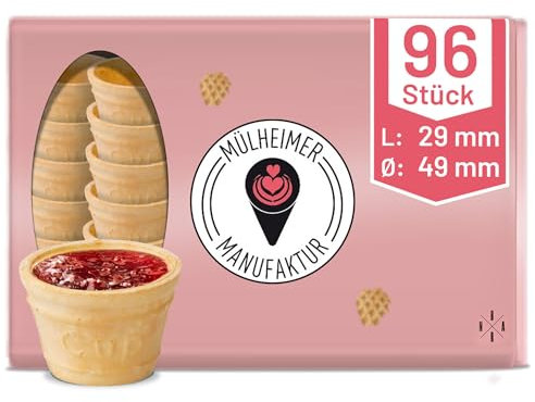 MyNaschbar Portionsbecher VEGAN rund, 96 Stück, 22 ml, 29 mm lang, Ø 49 mm – Knusprige Waffelbecher zum Befüllen – Ideal für Dips, Marmelade, Dekorationen & Fingerfood – Waffeln in Eisdielen-Qualität