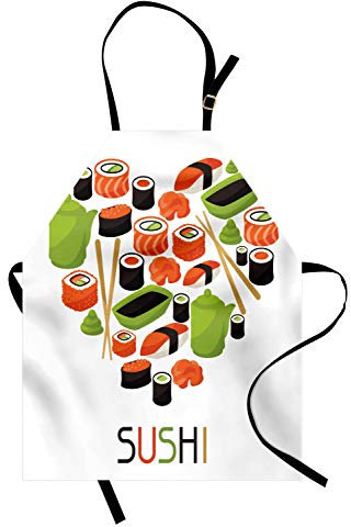 ABAKUHAUS Sushi Kochschürze, Abbildungen von Teekanne Tobiko Roll Wasabi und Sojasauce in Herzform Artwork angeordnet, Höhenverstellbar Klare Farben ohne verblassen, Schwarz Grün