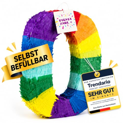 Trendario Pinata Zahl 0, Pinjatta zum Befüllen mit Süßigkeiten und Geschenken - Piñata für Kindergeburtstag Spiel, Geschenkidee, Party, Hochzeit