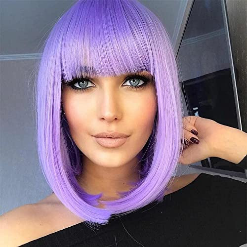Colorful panda Damen Perücke Lila Bob Kurz Glatt Haar mit Pony für Frauen Hitzebeständiges Synthetische Natürliche Bunte Violett Haar für Cosplay Tägliche Party 12 Zoll