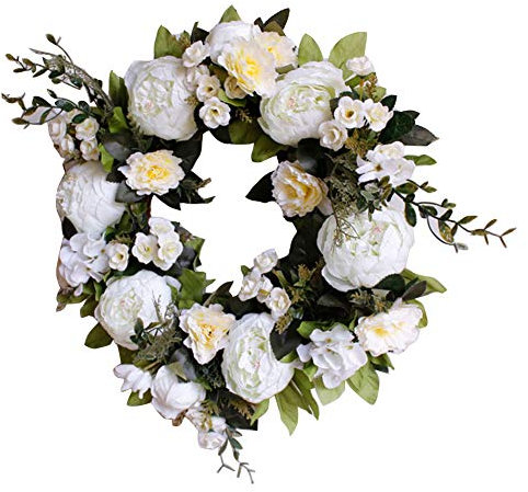 GUOCU Weißer Pfingstrosen Kranz Künstliche Blumen Kranz Gefälschte Deko-Kranz Dekorative Landschaftsbau Kranz Für Outdoor Türkranz,Zuhause, Parties Reines Weiß Durchmesser 40cm