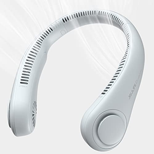 JISULIFE Ventilador de cuello portátil, ventilador personal portátil con batería de 4000 mAh, sin hojas, recargable, diseño para auriculares, ventilador sin hoja alimentado por USB, color blanco