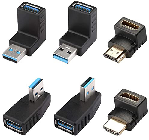 Greluma 4 Pièces Adaptateur USB 3.0 Coudé et Adaptateur HDMI Mâle à Femelle 2 Pièces, Adaptateur Coudé USB Droite/Gauche/Haut/Bas, Adaptateur HDMI 90 et 270 Degrés