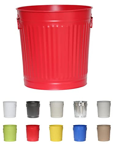 Jinfa | Cubo de basura de metal con asas | Contenedor vintage para interiores, reciclaje | Sin tapa | Rojo | Tamaño: L | 36 cm de diámetro, 36,5 cm de altura | Volumen: 35 Litros