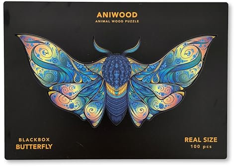 ANIWOOD Holzpuzzle Erwachsene Tieren. Gestanzter Deckel, Lebensgroße Puzzle-Box. 3 Schwierigkeitsmodi, dekoratives Element. Einzigartige Puzzleteile (Schmetterling, M)