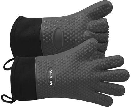 GEEKHOM Silicone Oven Gloves Heat Resistant Silicone Oven Mitts BBQ Gloves Waterproof Kitchen Gloves for Barbecue Grilling Weber Microwave, Non-Slip Oven Gloves with Fingers, Grey