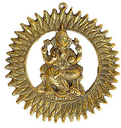 Ganesha Wall Hanging Metal Ganesh Statue Round Sculpture Idol Indian Traditional Wall Hanging Décor Antique Ganpati Statue for Entrance Temple décor Puja Home Decorations (Size:-8)(Golden)