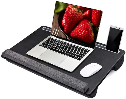 Extra großer Laptop-Schreibtisch – Voll-PU-Material, Gaming-Tablett – tragbarer LapDesk mit Handyhalterung und Handgelenkauflage für Notebook, MacBook, Tablet, Bett, Sofa (schwarz, passend für Laptops