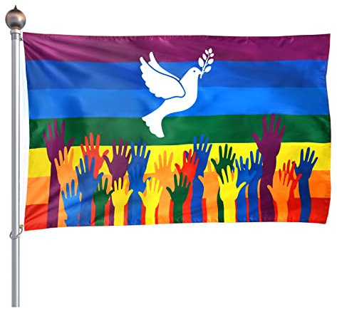 Bandiera Pace,Bandiera Colomba della Pace 90 x150 cm,Pride Flaga,Bandiera Rainbow,Incoraggiamento Celebrare,con 2 Occhielli Poliestere Resistente,Adatto per balconi,Giardini o Interni (B)