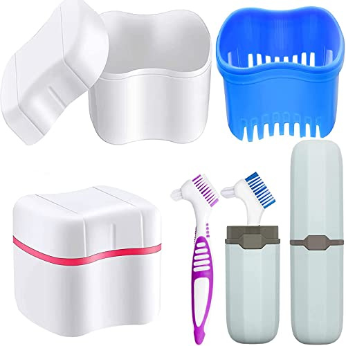 Denture Box, LONTOM 2 Denture Bath Case 2 Denture Cleaner Brushes 2 Toothbrush Box, Plastic False Teeth Soaking Container with Rinsing Basket, Portable Retainer Case for Home & Travel Cleaning