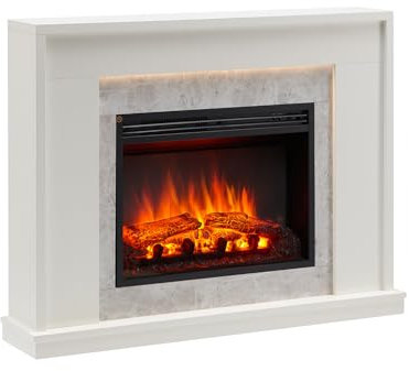 BALDERIA Atropos Elektrokamin - Elektrischer Standkamin mit Heizung 1000/2000 W, realistischer 3D-Flammeneffekt, LED-Beleuchtung, Fernbedienung programmierbar, Timer, Thermostat, Weiß