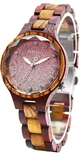 BEWELL Holzuhren für Damen Star Dust Dail Minimalistisches Quarzwerk Luxus-Armbanduhr aus Holz (Rosa Zifferblatt)