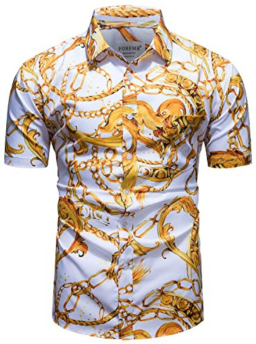 fohemr Mens Chain Print Shirt Luxury Baroque Vintage Short Sleeve Casual Button Down Dress Shirts White 3X-Large