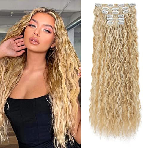 FLUFYMOOZ Clip in Extensions, 61cm 6PCS Lange gewellt Wellige Clip in Haarverlängerungen Dickes Natürliches Weiches Synthetisches Haarteil Für Frauen Mädchen Blond mit Hellblond