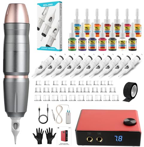 Solong Tattoo Maschine Set mit 10 Stück Tattoo Patronen Nadeln, 14 Tinten Digitalanzeige Netzteil Rotary Tätowiermaschine Komplettes für Anfänger und Tätowierer (Rosa)