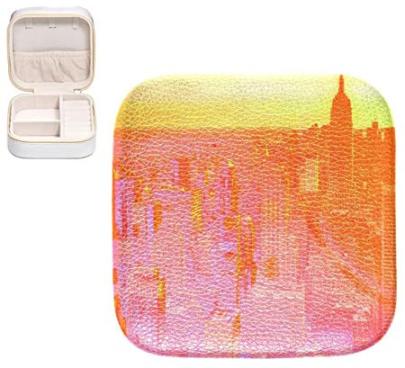 Schmuck-Organizer-Box, kleine Schmuckaufbewahrung aus Pu-Leder für Ohrringe, Ringe, Halsketten, Armbänder,New York City Landschaftssonnenuntergang Kunst Rosa