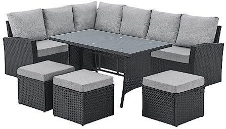 EVRE 9 Seat Marilyn Corner Sofa & Dining Rattan Garden Furniture Set for Indoor Outdoor Patios Gardens Conservatories (Black)