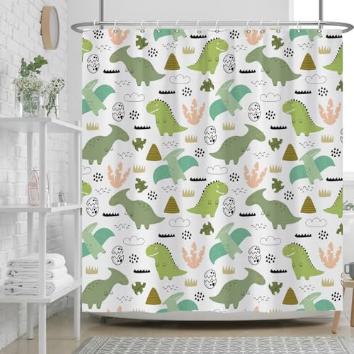 Ttincceer Grüner Dinosaurier Duschvorhang Set Cartoon Tier Aquarell Dino Gras Badezimmer Vorhang 180x180cm Niedlich Lustige Dinosaurier Duschvorhang für Kinder Badezimmer Dekor