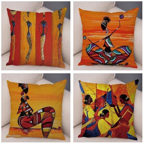 Kissenbezug 40x40cm 4er Set Abstrakte afrikanische Frau Kissenhülle Moderne Samt Dekorative Kissenhülle Outdoor Kissenhuellen Waschbar Deko Sofakissen Zierkissen für Stuhl Bett Garten Schlafzimmer