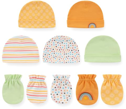 Ecojoy Newborn Baby 5 Mützen und 5 Paar Kratzfeste Fäustlinge für Babys Jungen und Mädchen, Alter 0-6 Monate 100% Baumwolle