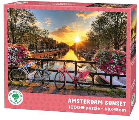Mr. Broccoli Sonnenuntergang Amsterdam Puzzle 1000 Teile | Fahrradbrücke am Kanal, FSC®-zertifizierter Karton, für Erwachsene, 68 x 48 cm