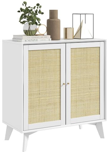 HOMCOM Sideboard, Aufbewahrungsschrank, Boho-Design, Doppeltüren mit 2 Ebenen, Küchenbuffet mit Rattanfront, 80 x 40 x 85 cm, Weiß