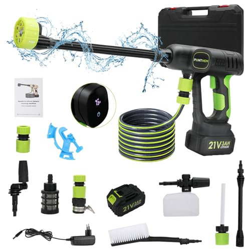 Idropulitrice ad Alta Pressione Portatile per Auto, idropulitrice a batteria 3.0 Ah, 580PSI 6 in 1 Pulitore ad Alta Elettrico Senza Fili con Regolabile a 3 Stadi, per la Pulizia Giardino con tubo 5M