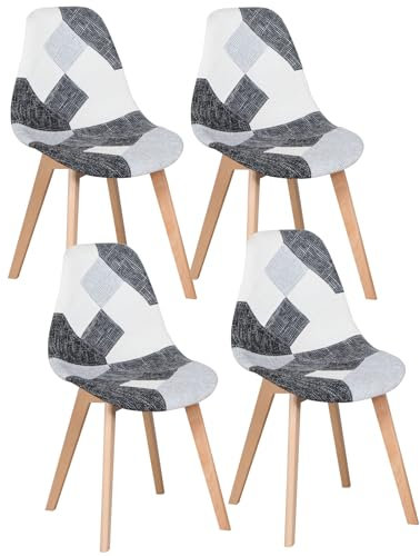 Uderkiny Lot de 4 chaises de Salle à Manger scandinaves en Patchwork, Lot de 4 fauteuils scandinaves en Patchwork, Chaises rembourrées, Chaises Patchwork pour Cuisine/Bureau, Pieds en hêtre (Gris, 4)