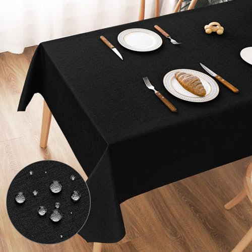 AooHome Tischdecke Abwaschbar, Schwarz Tischdecken 135x180cm Leinen-Optik Tischtuch aus Polyester Wasserabweisend mit Lotuseffekt, Dauerhaft Kratzfest für Wohnzimmer, Esszimmer, Balkon, Garten