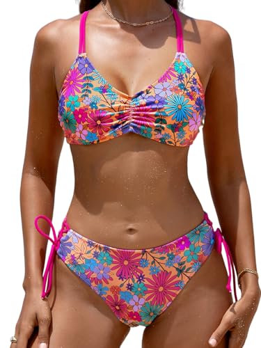 CUPSHE 2-teiliges Damen-Bikini-Set mit geflochtenen Trägern und wendbarem Unterteil, Magenta/Ditsy, Medium