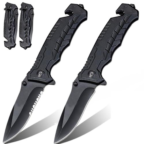 MIWOOHO 2 Stück Klappmesser Scharfes Taschenmesser Einhandmesser, Outdoor & Survival Messer mit Schwarz Edelstahlklinge für Arbeit Wandern Camping