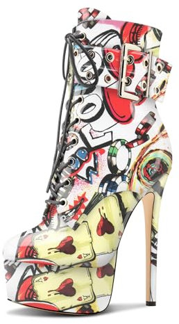 Aachcol Damen Stiletto Hoher High Absatz Heel Plateau Plattform Stiefeletten Schnüren Schnürung Reißverschluss Mid Calf Schnalle Dress Stiefel Poker-Muster 43 EU
