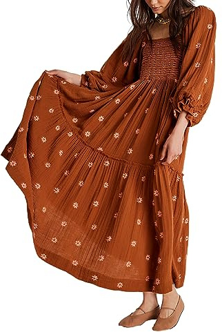 Qianderer Women's Flower Embroidered Maxi Dress Puff Sleeve Square Neck Swing Tiered Bohemian Flowy Dress Beach Long Dress