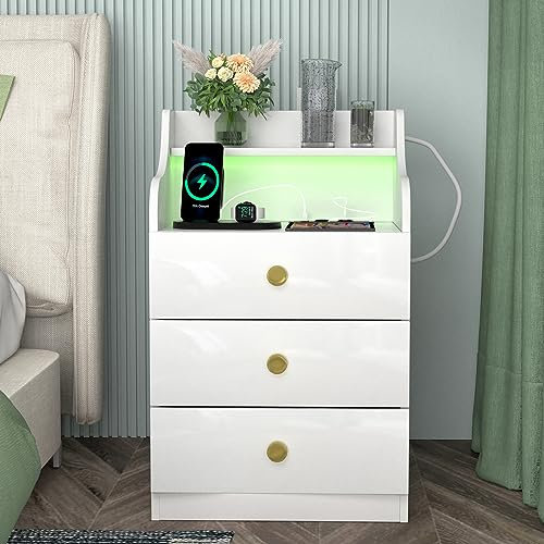 ARunThLana mesita de noche con iluminación LED, con 3 cajones, mesa de noche de madera, 2 enchufes AC, 2 puertos USB, moderno, blanco, para sala de estar, dormitorio, oficina, 45 x 35 x 72,5 cm
