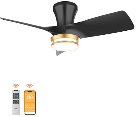 OPONL Ceiling Fan 30 Inch Black Low Profile with Gold Edge Large Air Volume Ceiling Fan for Bedroom Kitchen Dining Room