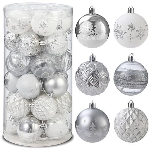 ZHYLUO Palline di Natale 6cm 30 pezzi Palline per Albero di Natale,Sfere per Albero di Natale,Palle di Natale Palline Riempibili,per Decorare Alberi di Natale (Argento+Bianco)