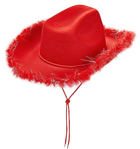 Yoisdtxc Cowboyhut für Damen, rosa Cowboyhut mit flauschiger Federkrempe, Cowgirl-Kostümhüte für Halloween, Karneval, Rollenspiele, Cosplay, Geburtstagsparty-Zubehör (Rot-1)